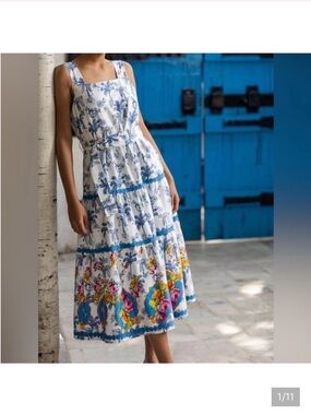 NWOT Emily Lovelock Blue White Maxi Dress Medium